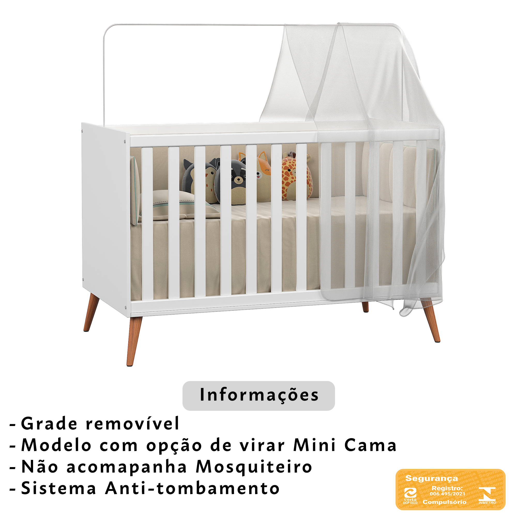 Berço Mini Cama Americana Retro com Colchão para Bebê com Grade de Proteção Removível - 8