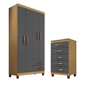 Guarda Roupa Solteiro 4portas 2gavetas Porto Belo com Cômoda 5gavetas Carvalho Grafite Clique Chique