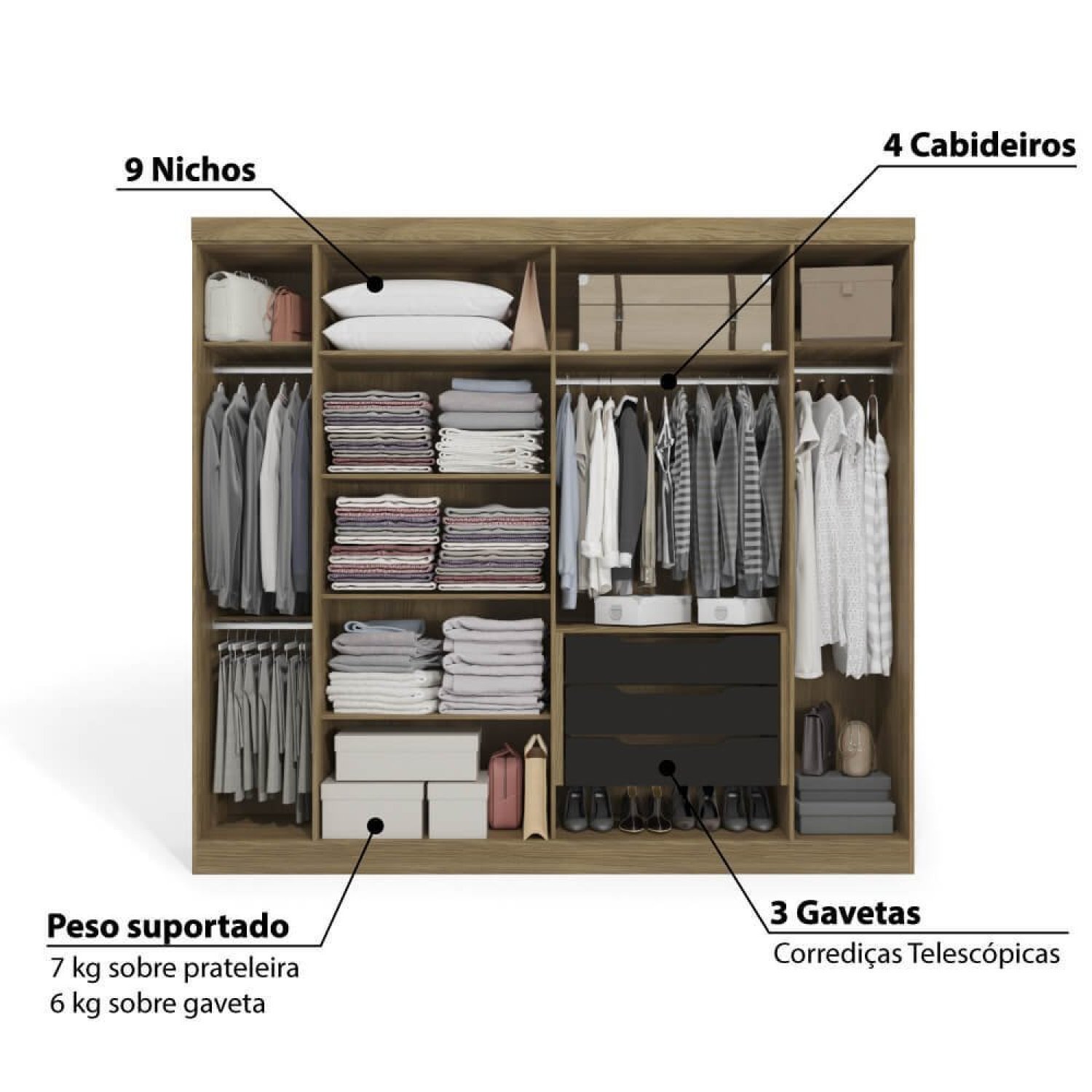 Guarda Roupa Casal 6 Portas 3 Gavetas Kappesberg | MadeiraMadeira