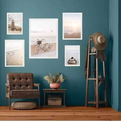Composição 5 Quadros Praia Soft - Bicicleta - com Vidro:madeira Preta