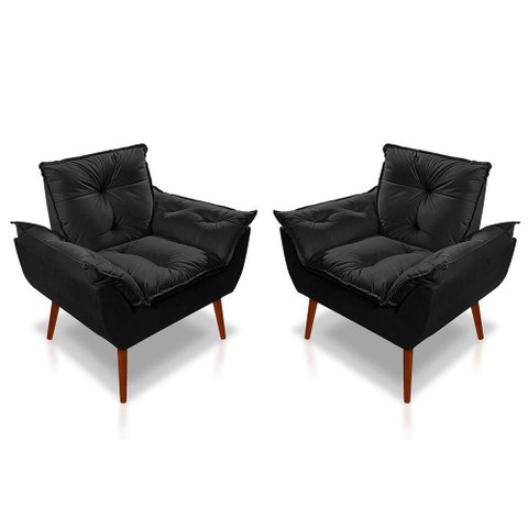 Kit 02 Poltrona Opala Sala Quarto Decorativa Suede Preto