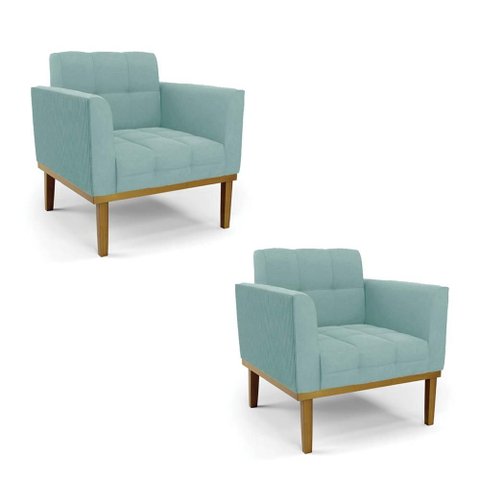 Poltrona Sala Decorativa Kit 2 Elisa Base Madeira Castanho Cotelê Ext/veludo Menta D03 - D’Rossi