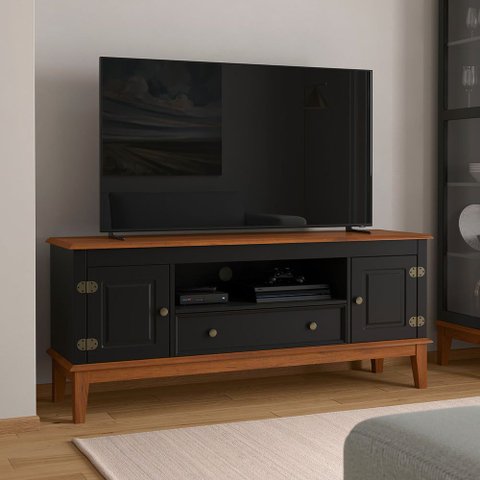 Rack para TV 65 Polegadas Madeira Maciça 2 Portas 1 Gaveta Rústico 149cm Preto - Apaixone & Decore