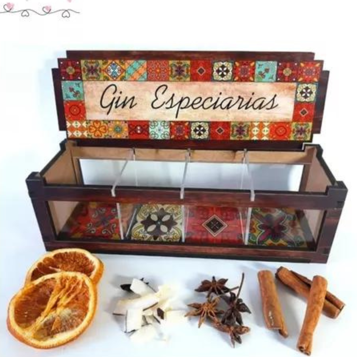 Caixa Gin Tonica - Especiarias Organizadora - 4 Divisórias - MDF Adesivado - 25cm