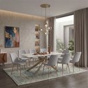 Ver imagem 1 de Conjunto Mesa de Jantar Lara 180cm Cerâmica Base Aço Carbono Bronze com 8 Cadeiras Linho - Cinza