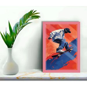 Quadro Decorativo Skatista + Vidro 33x25 Escritório Sala:rosa