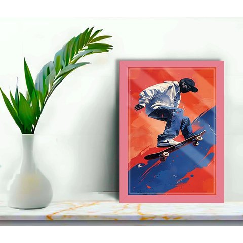 Quadro Decorativo Skatista + Vidro 33x25 Escritório Sala:rosa