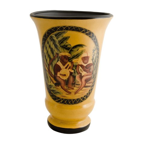 Vaso Decorativo Cerâmica Laqueada Pintado À Mão Macacos Bandolim Mostarda 25cm Columbus Gold