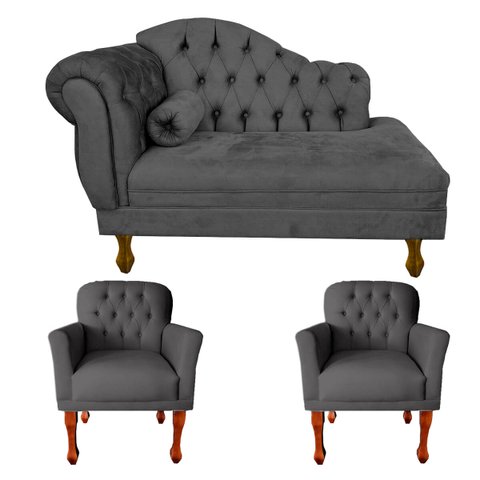 Jogo Divã 120cm Modelo Imperial + 2 Poltronas Stephany Suede:cinza Escuro