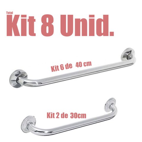 Kit 8 Alças de Apoio Banheiro Inox Barras 2 unid 30 cm e 6 unid 40 cm Idoso Cadeirante