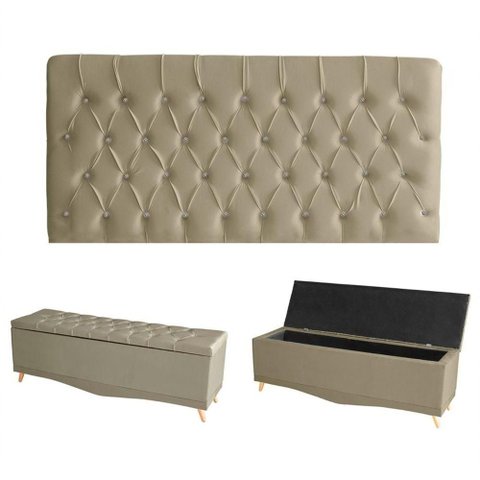 Kit Estrela Cabeceira de Cama Painel e Calçadeira Baú Botão Cristal King 195 Cm Suede Bege Eli M