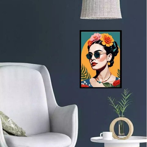 Quadro Frida Moderna de Óculos 24x18cm - com Vidro:madeira Branca