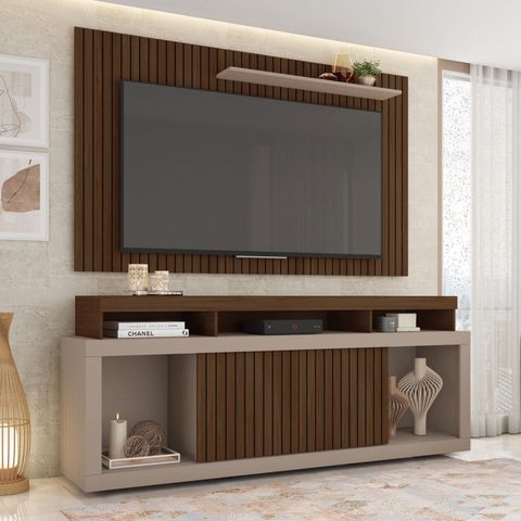 Rack com Painel Ripado para TV até 65 Polegadas MDF 180cmx174cm Esmeralda Bege Havana/Fendi