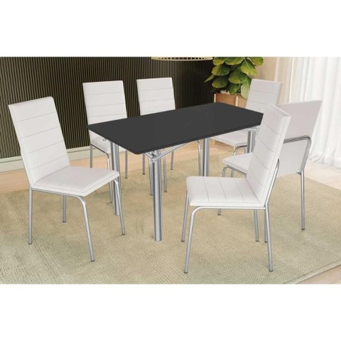 Conjunto: Mesa de Cozinha Elba Tampo Madeirado C/ Vidro 160cm e 6 Cadeiras Amsterdã Cromada/preto