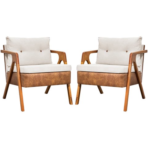 Kit 2 Poltronas Laura Corino Peroba e Linho Off White Pé Castanho