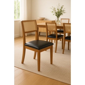 Kit 4 Cadeiras de Jantar Luxo Madeira Maciça Mel Encosto Telinha Palha Estofada Couro Pu Preto Rubi