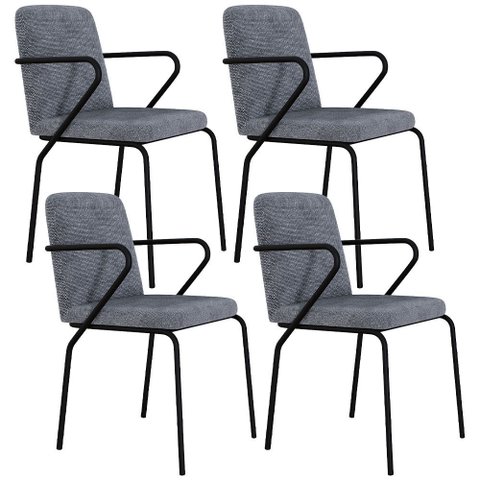 Kit 04 Cadeiras Estofada para Sala de Jantar com Braço Loft Preto C01 Linho Prata - Lyam Decor