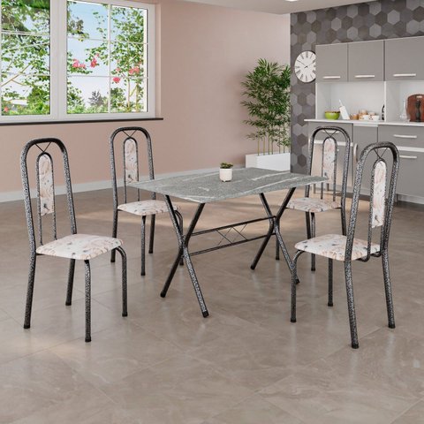 Conjunto de Mesa Tubular 100x60cm Tampo em Granito com 4 Cadeiras Lívia Prata/Botanic Bege/Mart