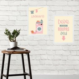 Kit 2 Quadros Lavanderia - Deixe Suas Roupas Aqui 33x24cm:madeira Branca - 2