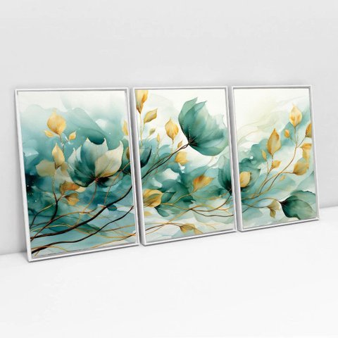 Kit Quadro Decorativo 3 Telas Canvas A Arte das Flores TaColado Moldura Flutuante 4,5cm Branca 80 x 