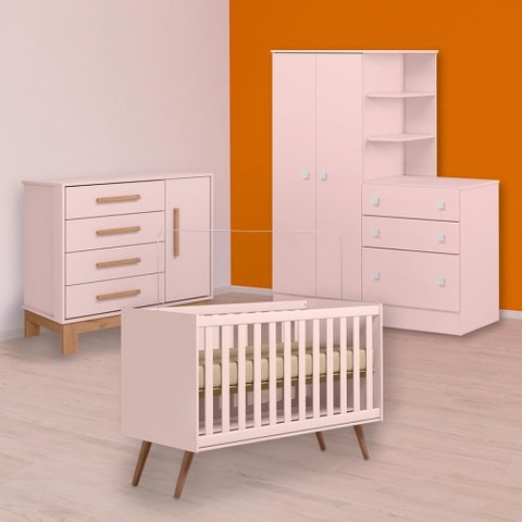 Conjunto Berço Mini Cama Retrô, Cômoda Sapateira Slim e Guarda Roupa C/ Cômoda Rosa