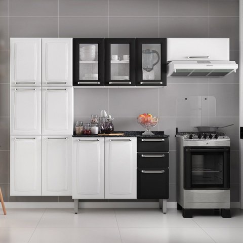 Cozinha Compacta Modulada em Aço 4 Peças 13 Portas 2 Gavetas Paneleiro Duplo em Aço Luce Itatiaia Preto/Branco