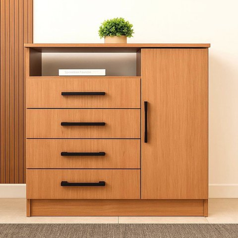 Cômoda para Quarto 4 Gavetas 1 Porta e Nicho Marrom/Freijó