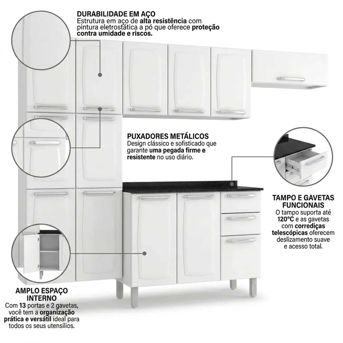 Ver imagem 5 de Cozinha Completa Modulada 4 Peças em Aço com Paneleiro e Balcão com Tampo Luce Itatiaia Branco