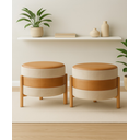 Ver imagem 2 de Kit 2 Puff Órion: o Toque de Elegância em Couro Caramelo e Linho Bege | Pés de Madeira Maciça