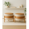 Kit 2 Puff Órion: o Toque de Elegância em Couro Caramelo e Linho Bege | Pés de Madeira Maciça - 2