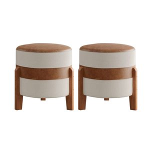 Kit 2 Puff Órion: o Toque de Elegância em Couro Caramelo e Linho Bege | Pés de Madeira Maciça