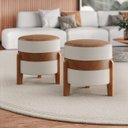 Ver imagem 5 de Kit 2 Puff Órion: o Toque de Elegância em Couro Caramelo e Linho Bege | Pés de Madeira Maciça