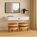 Ver mais imagens de Kit 2 Puff Órion: o Toque de Elegância em Couro Caramelo e Linho Bege | Pés de Madeira Maciça