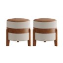 Ver imagem 1 de Kit 2 Puff Órion: o Toque de Elegância em Couro Caramelo e Linho Bege | Pés de Madeira Maciça