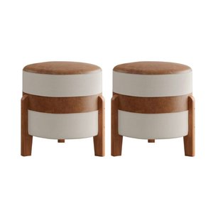 Kit 2 Puff Órion: o Toque de Elegância em Couro Caramelo e Linho Bege | Pés de Madeira Maciça
