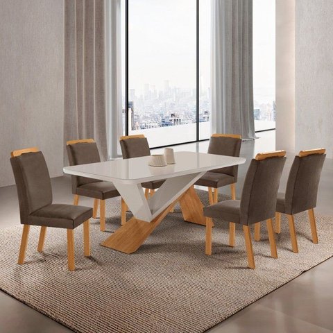 Conjunto Mesa de Jantar com 6 Cadeiras Texas MDF/Vidro Off White Marrom