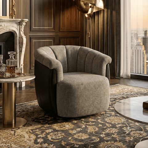 Poltrona Decorativa Giratória Linho Cinza Detalhe Courino Preto Suporta 150kg Luxo Montada Sala