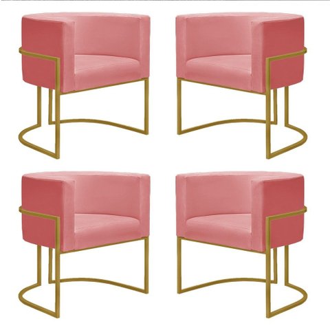 Kit 4 Poltronas Reforçada Decorativa Sala Nayara Base Ferro Dourado Suede Rose