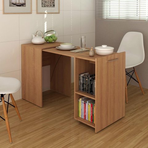 Mesa Articulável Retrátil para Escritório e Home Office com 2 Nichos Me4170 Tecnomobili Amêndoa