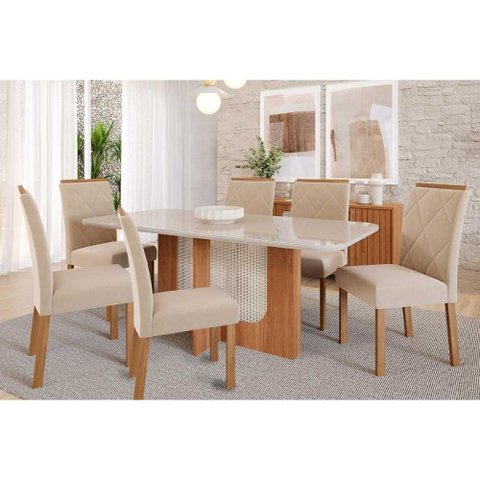 Conjunto: Mesa Sala Jantar Louise Tampo Madeirado C/ Vidro 160x80cm e 6 Cadeiras Fernanda Cinamomo/