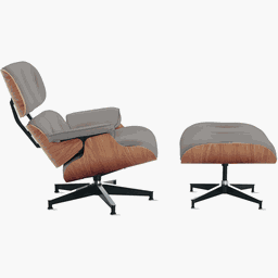 Poltrona Charles Eames com Banqueta Madeira Freijó em Couro Legítimo Cinza - 1
