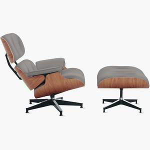 Poltrona Charles Eames com Banqueta Madeira Freijó em Couro Legítimo Cinza