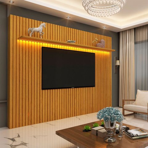 Painel Ripado para TV até 90 Polegadas com LED 100% MDF 228,8cmx217cm Nobre Marrom Naturale