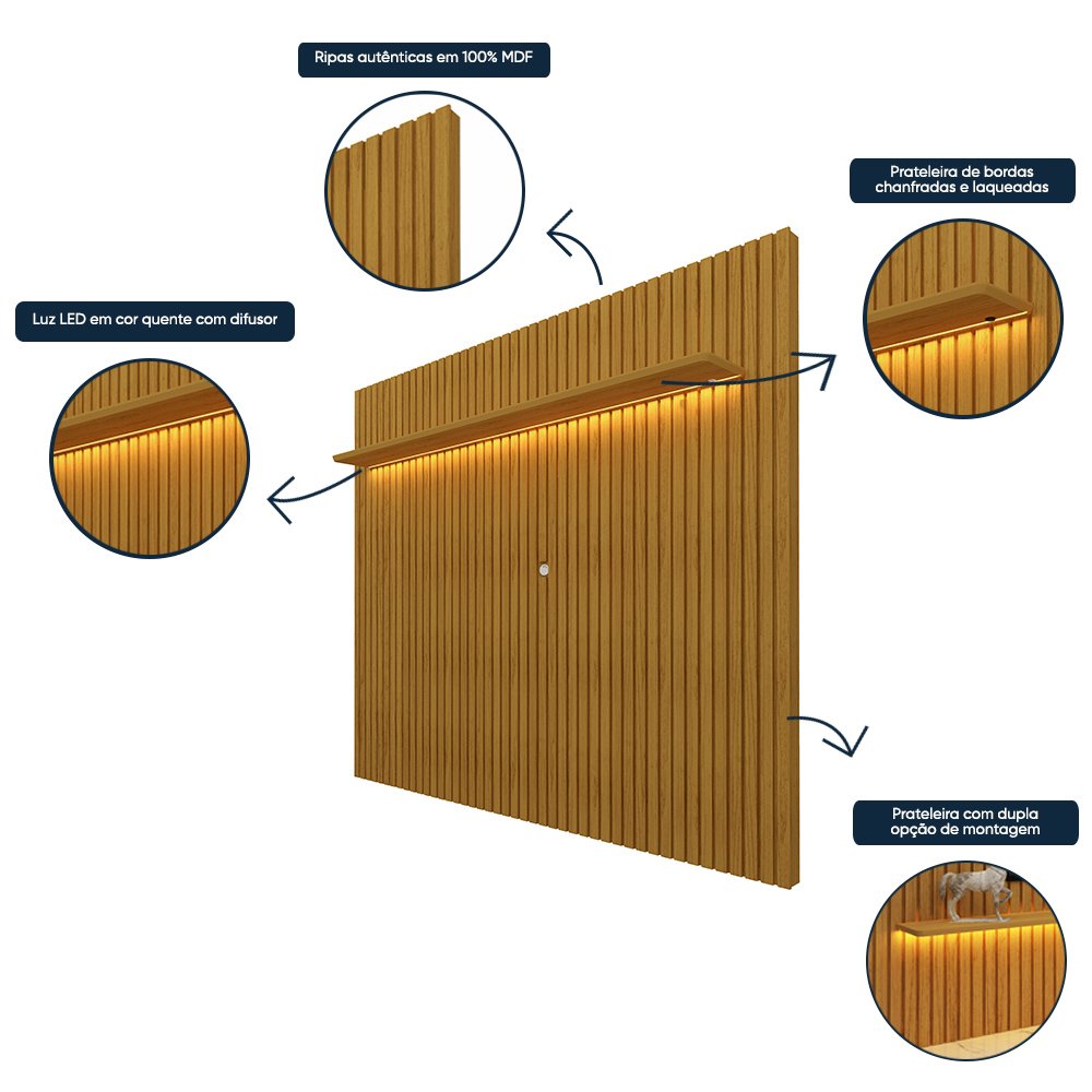 Painel Ripado para TV até 85 Polegadas 1 Prateleira com LED Nobre Clean - 10