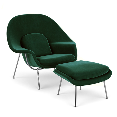 Poltrona Womb Chair com Puff Decorato Verde Aço Cromado