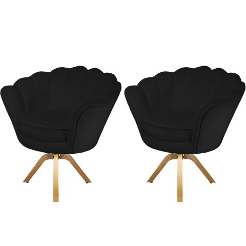 Kit 2 Poltronas Decorativa Pétala Base Giratória Madeira Couro Preto Ms Decor