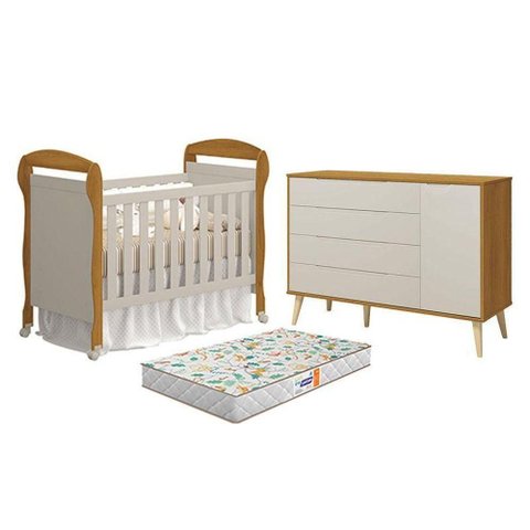 Berço Americano com Cômoda Danny e Elfe Retrô MDF Colchão Incluso Reller Móveis 148cm