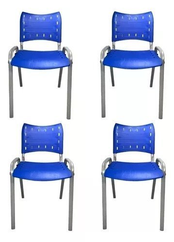 Kit Com 4 Cadeiras Iso Para Escola Escritório Comércio Azul Base Prata - 1