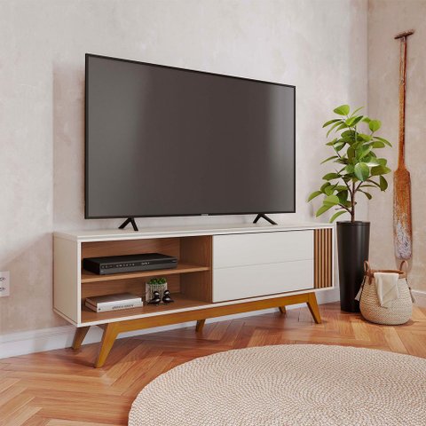 Rack Bancada Pés Madeira Nuro 160cm Porta Deslizante Mdf/mdp Tv até 60 Off White/freijó G73 - Gran B