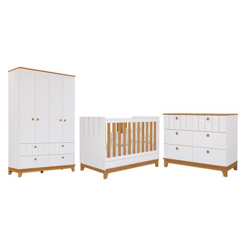 Dormitório Infantil Biscoito Guarda Roupa, Cômoda e Berço Branco/nature - Permóbili Baby